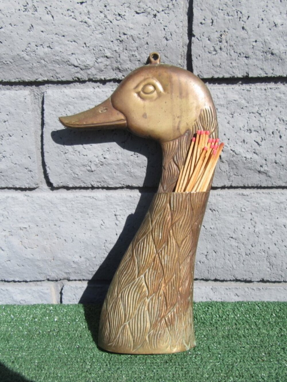 Vintage Brass 15" Mallard Duck Fireplace Match Stick Holder Matchstick